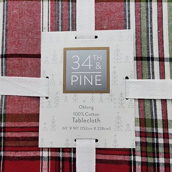 34Th & Pine Red Green Cream Tartan Plaid Cotton Tablecloth 60x90in Oblong NEW - Picture 2 of 8